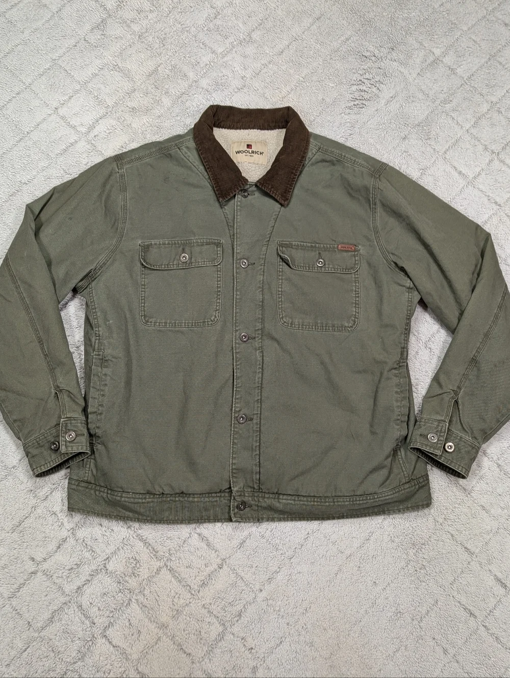 Woolrich Jacket Mens XXL Green Barn Chore Coat Canvas Sherpa Lined Rugged Work